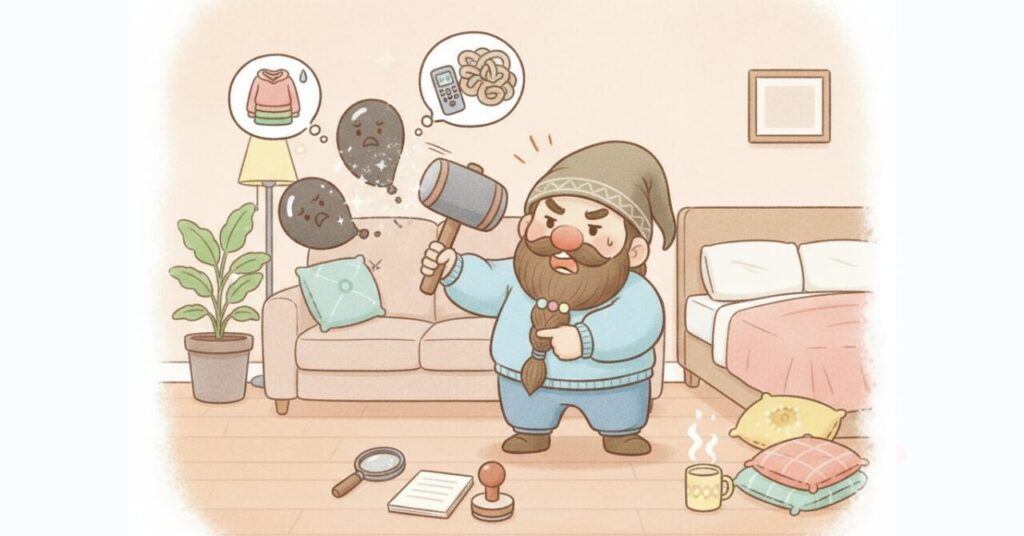 ドワーフがハンマーで不安を表す黒い風船を叩き、よくある「効果ない？」という疑いを先に解消する様子を描いたイラスト