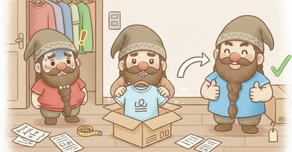 サイズ選びに失敗して落ち込むドワーフが、交換で届いた服を受け取り、最後に笑顔でOKする流れを描いたイラスト