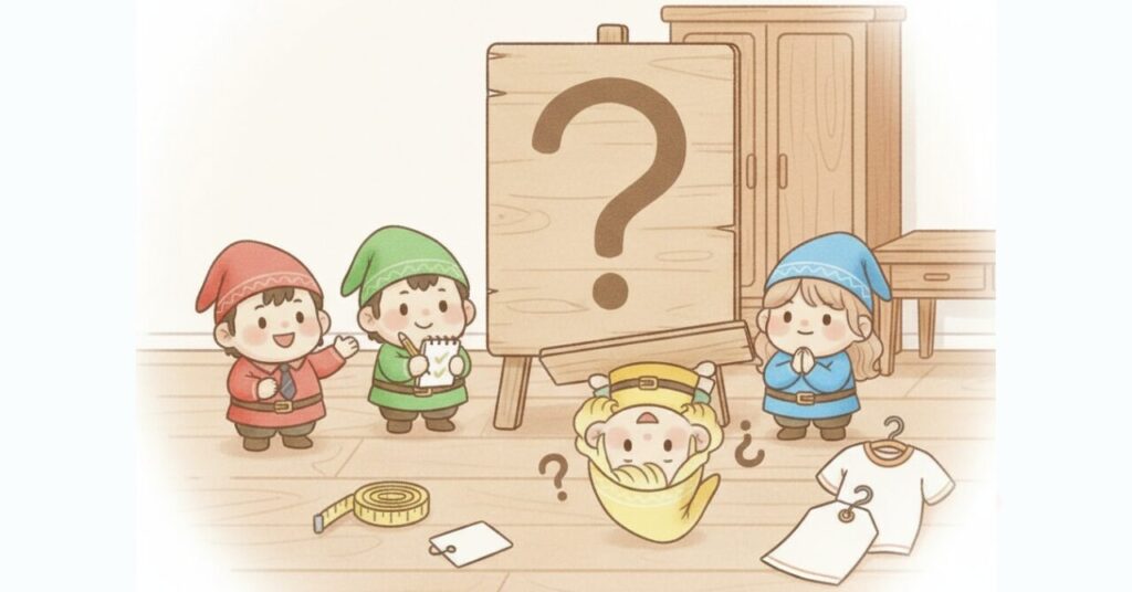 大きなハテナのボードを囲んで、小人たちが疑問を確認しながら話し合っているイラスト