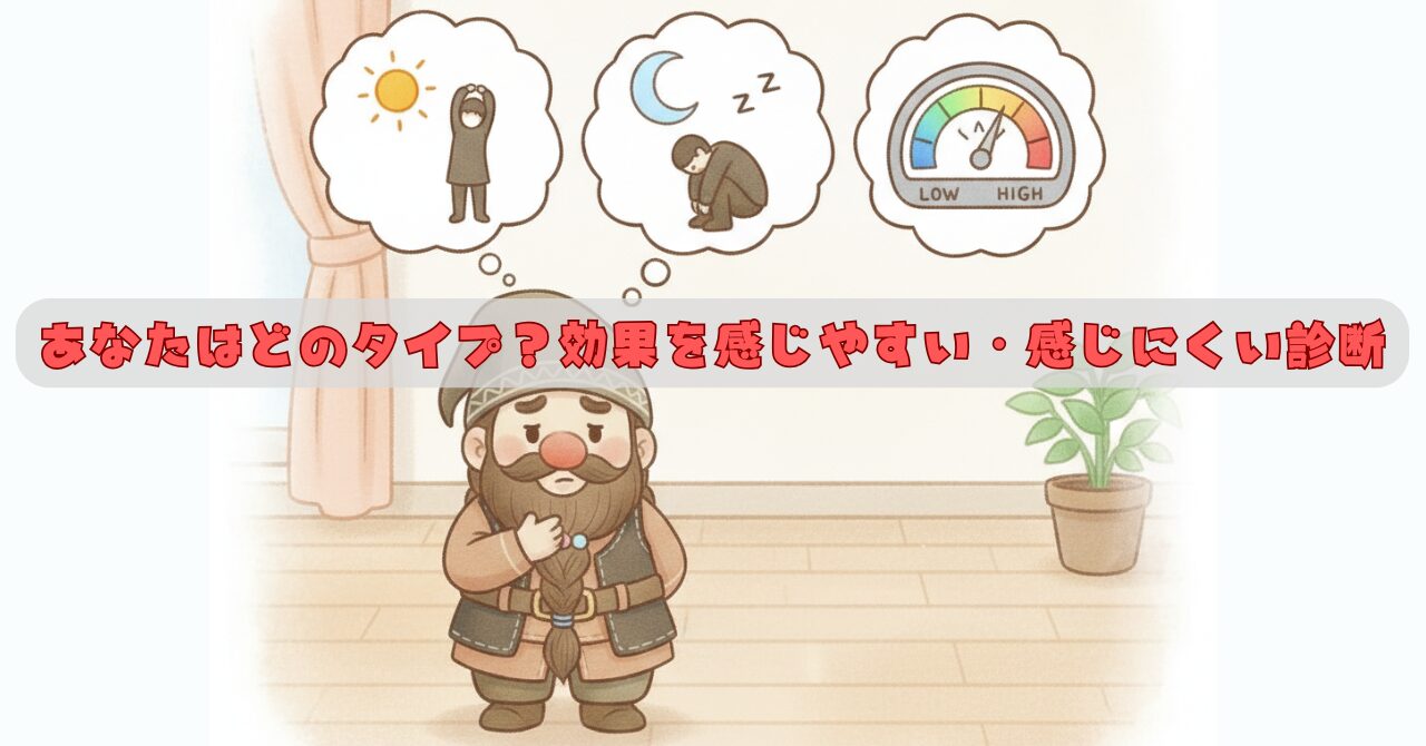 リカバリーウェアの効果を感じやすい人・感じにくい人のタイプ別チェックをイラストで表現した画像。ドワーフキャラが日中の疲れ・睡眠・回復度のメーターを考えているシーン。