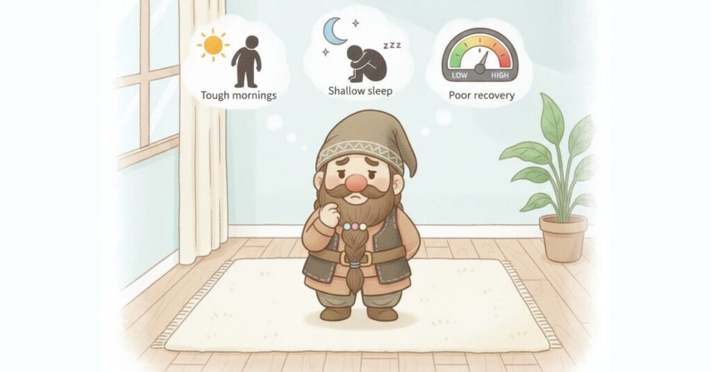 悩むドワーフが、朝のだるさ・浅い睡眠・回復しにくさを示す3つの吹き出しを見上げている様子を描いたイラスト。部屋の中で、40代の傾向チェックを表現したやさしいタッチの画像。