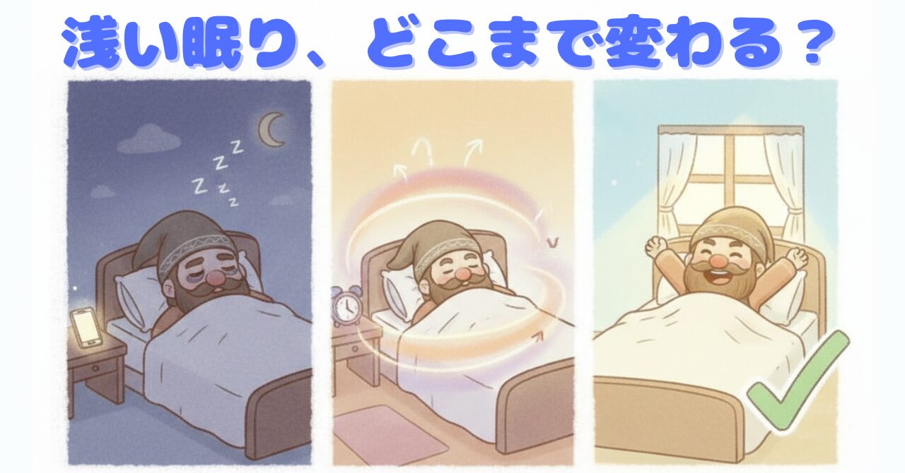 浅い眠りで疲れているドワーフが、眠りが整っていき、朝スッキリ起きられるまでの変化を3コマで表したイラスト