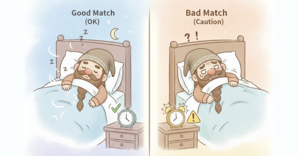 ブレインスリープが合いやすく気持ちよく眠れるドワーフと、合いにくく落ち着かないドワーフを左右で比較したイラスト