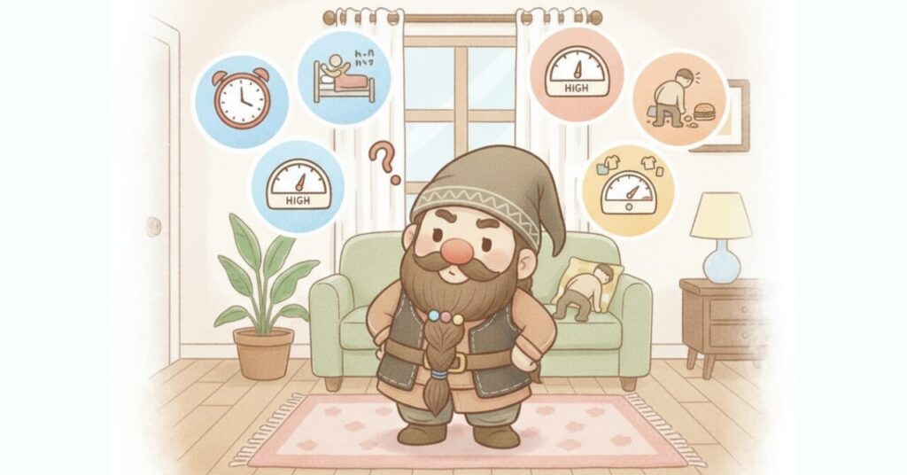 リビングでドワーフが首をかしげ、周囲に“効果を感じやすい人”と“感じにくい人”の特徴を示すアイコン(睡眠、生活習慣、メーター、食生活など)が左右に浮かんでいるイラスト。効果の感じ方の違いを表現した画像。