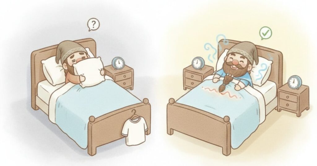枕だけで迷うドワーフと、枕とウェアを使って気持ちよく眠れるドワーフを左右で比較したイラスト