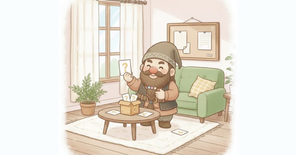 リビングで質問カードを手に取り、回答を準備するドワーフのイラスト。机の上には質問カードの箱があり、壁にはメモが貼られた掲示板がある。