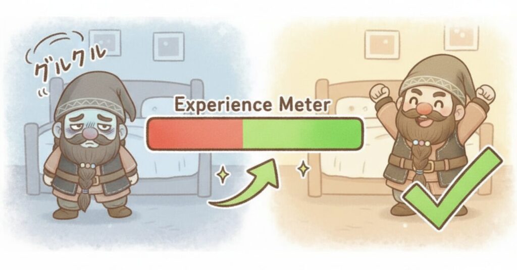 疲れた表情のドワーフから元気なドワーフへ、体感メーターが赤から緑へ上がる様子を描いたイラスト