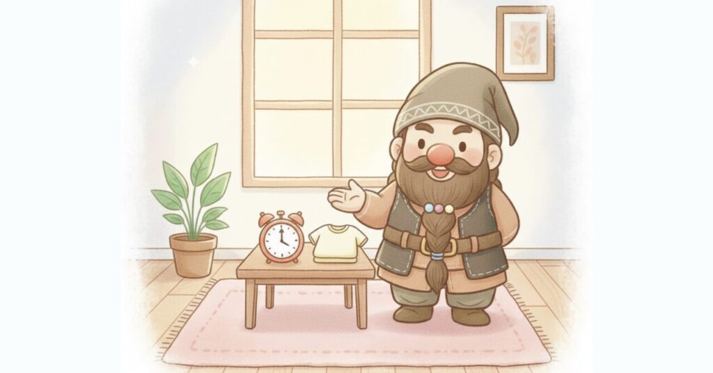 部屋の中で、テーブルに置かれた時計とTシャツを示しながら、見直しポイントを説明するように笑顔で手を広げるドワーフのイラスト。背景は淡い色合いで、周囲は白いもやでふんわり縁取られている。