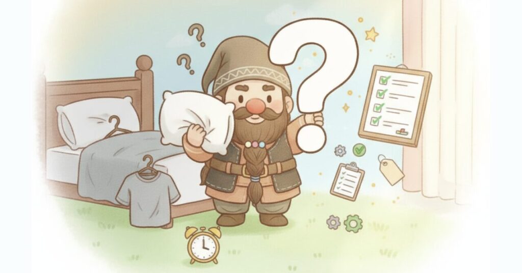 枕を持って疑問マークを出すドワーフが、チェックリストを見ながらブレインスリープの疑問を整理しているイラスト
