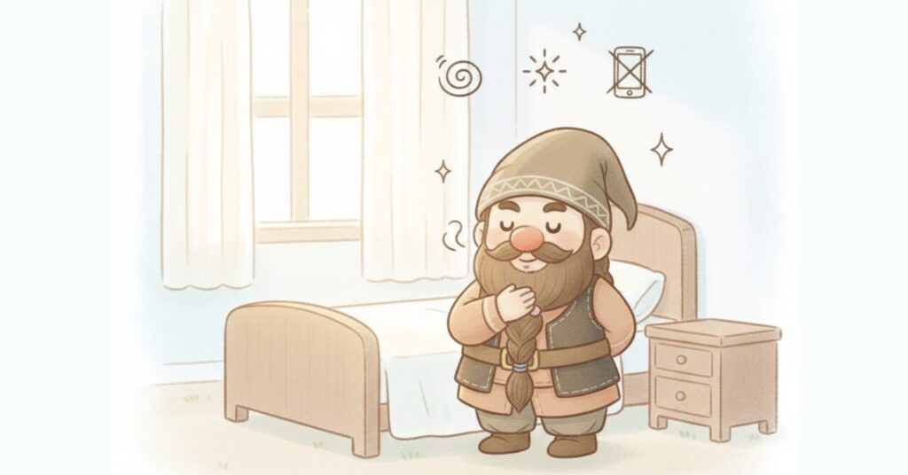 朝の寝室で深呼吸するドワーフの周りに、朝のしんどさを和らげるヒントを示す3つのアイコンが浮かんでいるイメージ画像