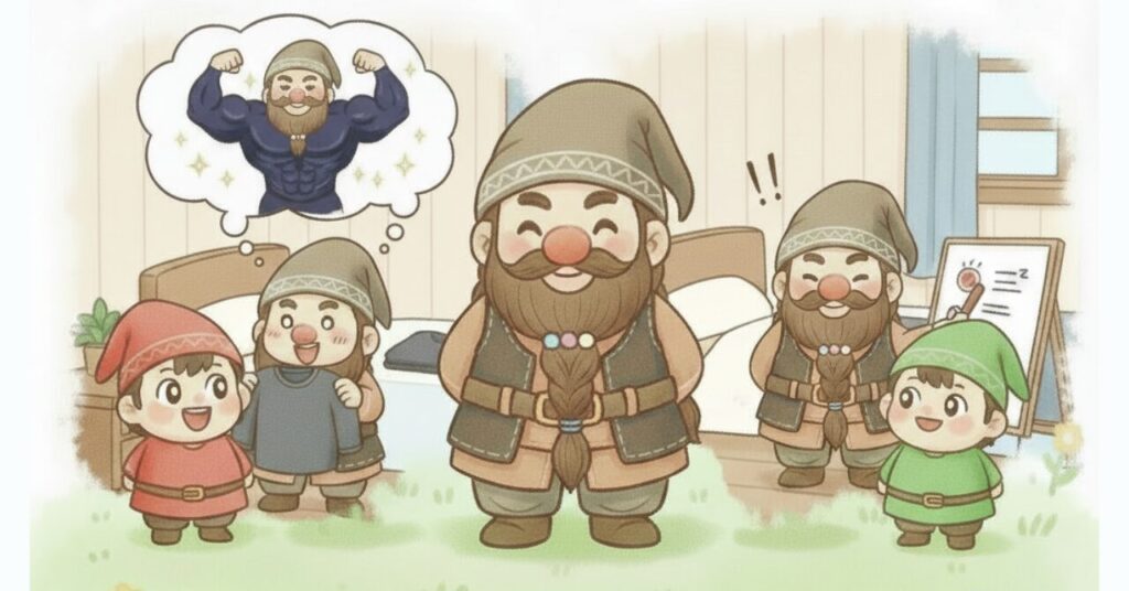 ベネクスを着ると筋肉ムキムキになれると誤解するドワーフが妄想している様子と、仲間のドワーフたちが正しい期待値を優しく説明している場面のイラスト。中央には嬉しそうなドワーフ、左にはムキムキを想像するドワーフ、右には説明ボードの前で解説するドワーフと小人たち。