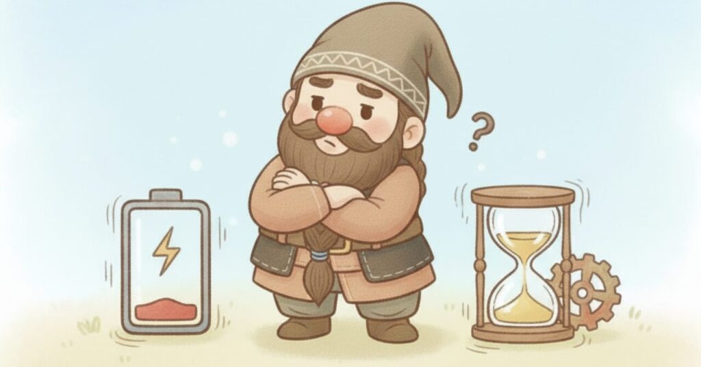 「腕を組んで考えるドワーフの横に、残量の少ない電池マークとゆっくり落ちる砂時計が並び、40代の体がすぐに劇的変化を感じにくい様子を表したイラスト。」