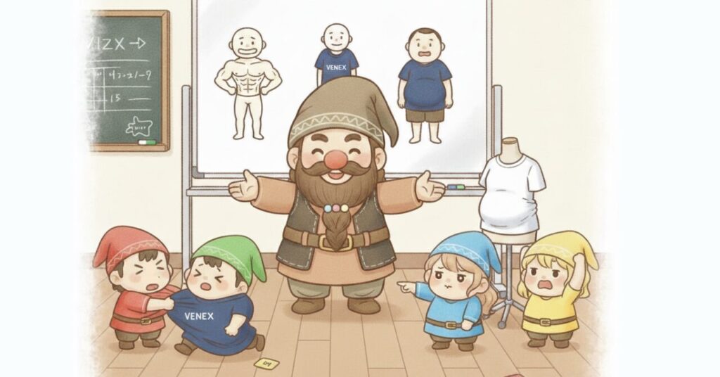 ドワーフが両手を広げてサイズ失敗例を説明し、パツパツ・ゆるゆる・お腹だけきついなどの着用ミスを小人たちが再現して慌てているコミカルなイラスト。ホワイトボードには体型別の失敗例が描かれ、サイズ感の間違いが視覚的にわかるシーン。