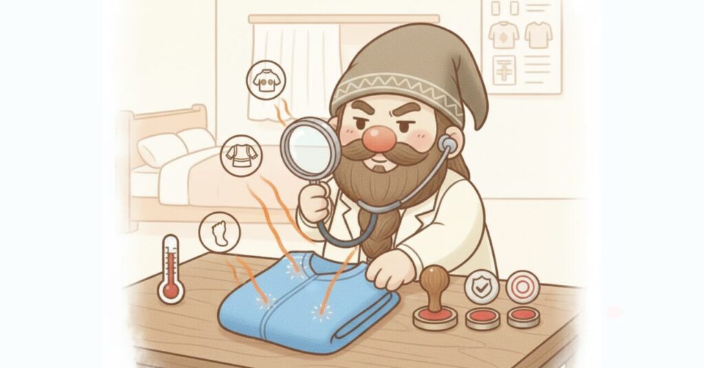 白衣のドワーフが聴診器と虫眼鏡でリカバリーウェアを検査し、効果の仕組みを確認しているイラスト