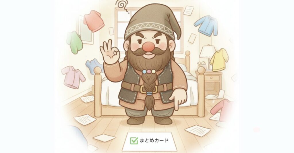 服や情報に囲まれて迷っているドワーフが、足元の「まとめカード」を指さし、ここだけ見れば大丈夫と示しているイラスト。