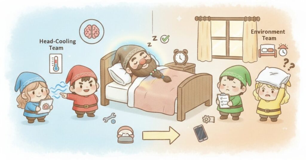 頭を冷やすチームと環境を整えるチームの小人たちが、眠っているドワーフをサポートして浅い眠りを整える様子を描いたイラスト