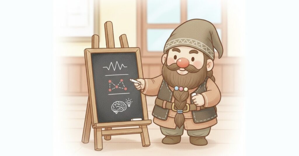黒板の前で、自律神経の波形や血流の図、脳のアイコンを指しながら3つの理由を説明しているドワーフのイメージ画像