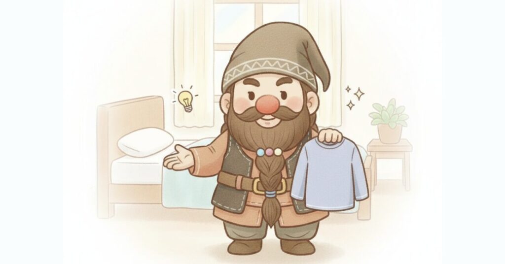 リカバリーウェアを手に持ち、使って感じたことを語るように手を広げて説明するドワーフのイメージ画像