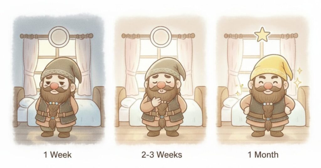 1週間目の疲れた表情から、2〜3週間目の落ち着いた表情、1か月後の元気な姿へと、朝のしんどさが和らいでいくドワーフの変化を3段階で描いたイメージ画像