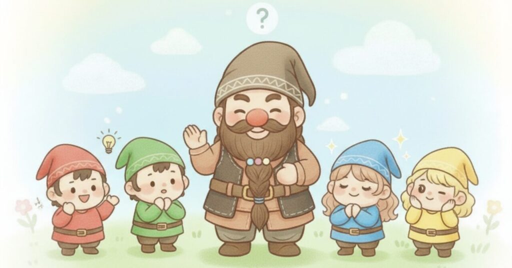 ドワーフが質問に応えるように手を上げ、小人4人がそれぞれ真面目・控えめ・落ち着き・天然の性格に合わせてリアクションしている、よくある質問をイメージしたイラスト