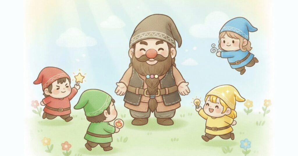 ドワーフを中心に、小人たちが星や電球のアイコンを持って集まり、整え方しだいで朝がラクになることを象徴する前向きなまとめイメージ