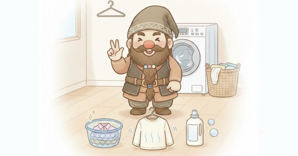 洗濯ネット・陰干し・洗剤の3つをそろえて、ドワーフが洗濯のコツを教えているイラスト