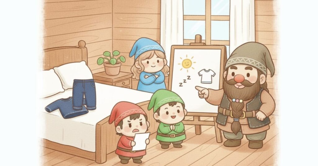 ベネクスの使い方について、ドワーフ先生がホワイトボードを使って説明し、赤と緑の小人の男の子が質問をしている。青の小人の女の子が後ろで見守り、ベッドの上にはベネクスの上下が置かれたコミカルなFAQイラスト。