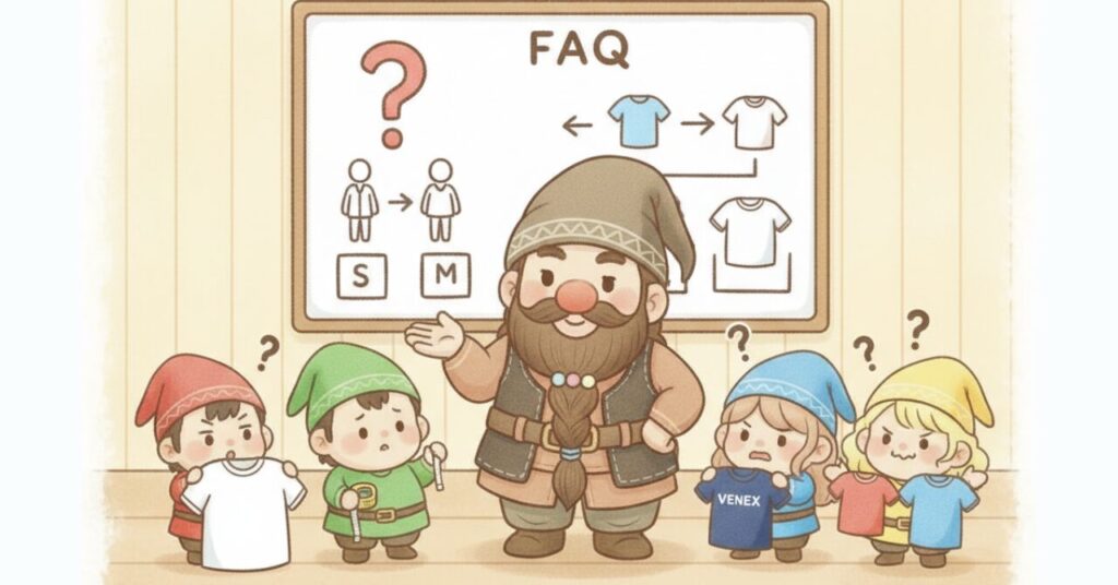 ドワーフがFAQボードの前でサイズ選びを説明し、赤・緑・青・黄の小人たちがシャツやメジャーを持って首をかしげている様子を描いた、サイズに迷いやすい場面のイラスト。