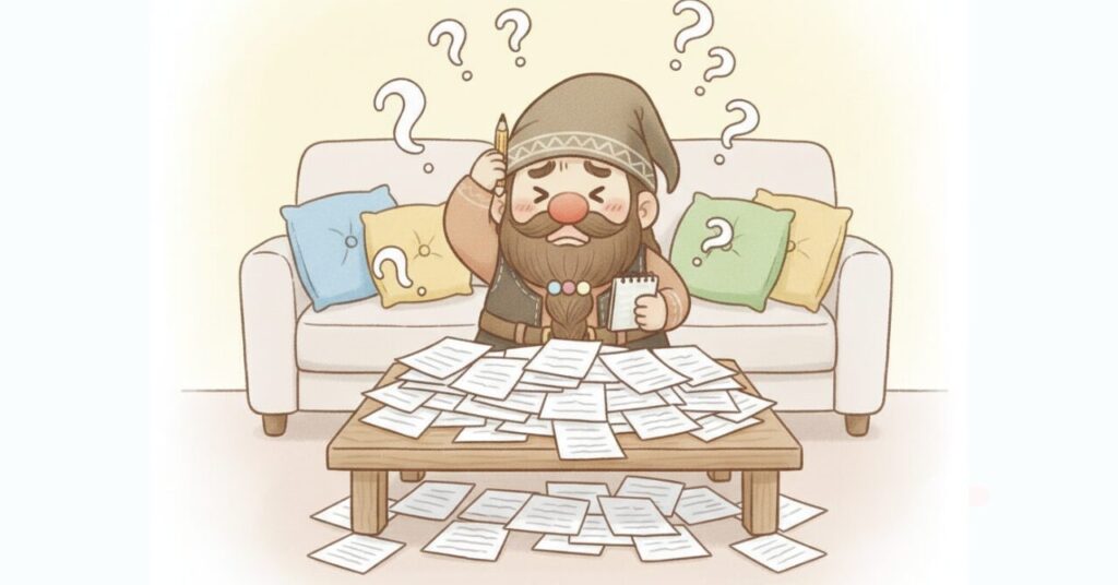 ドワーフが大量の質問用紙に囲まれ、頭をかきながらメモを取っているFAQ用のイラスト