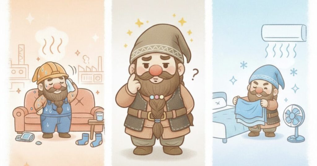 汗だくの仕事後・迷うドワーフ・冷房の寝室で冷感ウェアを持つドワーフを並べた、生活パターン別の向き不向きイラスト