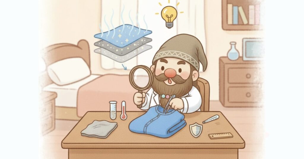 白衣のドワーフが虫眼鏡でリカバリーウェアの素材を調べ、断面の層構造と特別な繊維の違いを示すイラスト