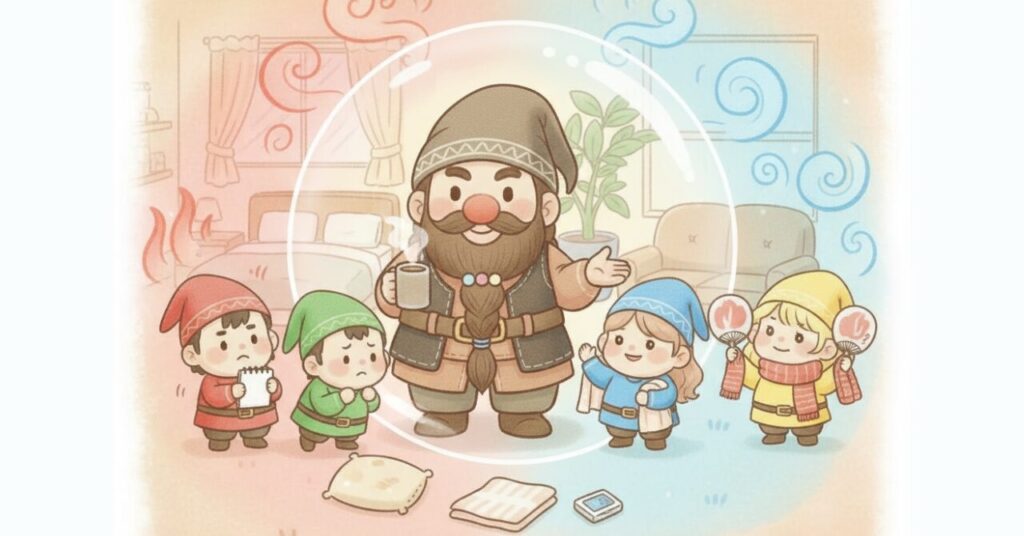 暑い側と寒い側に分かれた部屋で、ドワーフが中央のバリア内に立ち、小人たちが寒暖差に反応する様子から「寒暖差タイプかどうか」で選ぶ考え方を表したイラスト