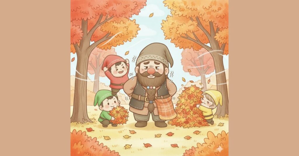 秋の紅葉の中で肩や腰の冷えに困るドワーフを、小人たちが落ち葉を集めたり温めようとしたりして助けているコミカルなイラスト。