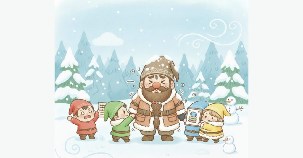 雪の中で重ね着しすぎて動きにくくなったドワーフを、小人たちが正しい重ね着の方法を説明しながら助けているイラスト。