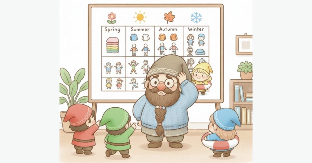 大きな季節別比較ボードの前で、ドワーフと小人たちが春夏秋冬の服装や特徴を見ながら相談しているイラスト。