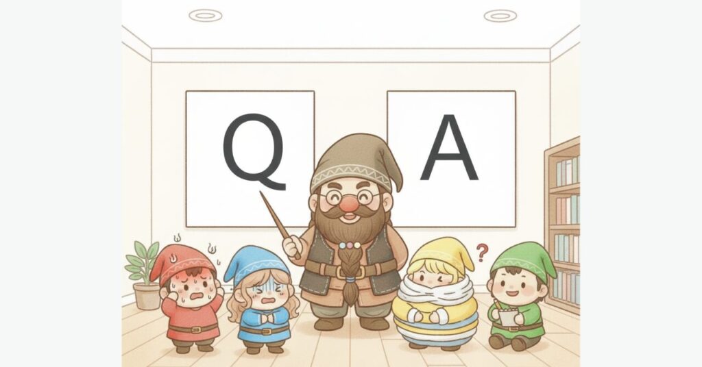 暑さ・寒さ・重ね着の悩みを抱える小人たちが、ドワーフ先生の前でQ&A相談をしているイラスト。汗だくの子・震える子・着込みすぎて動けない子が並び、ドワーフが指し棒で説明している様子。