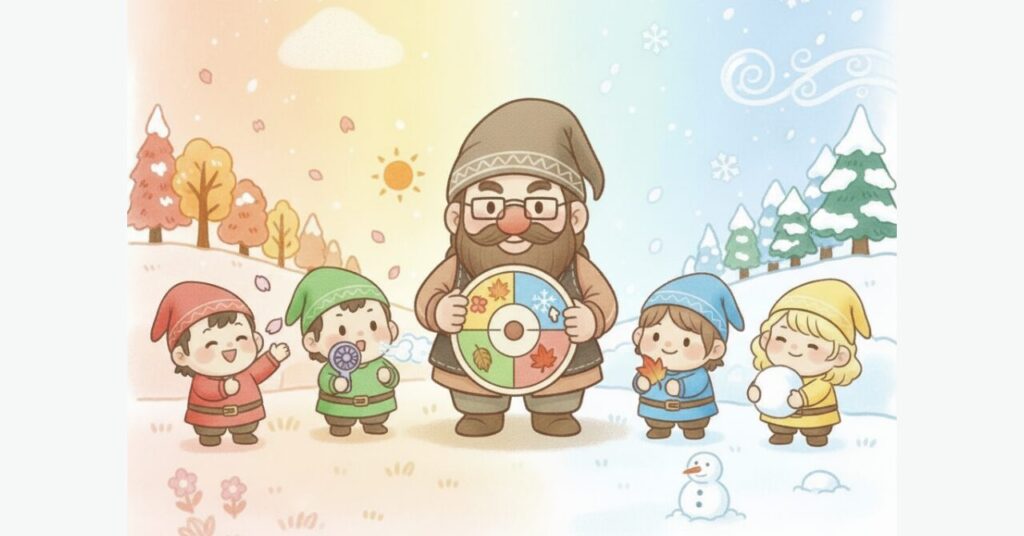 ドワーフが季節ダイヤルを持ち、左右で秋と冬の景色が切り替わる中、小人たちがそれぞれ季節の小物（扇風機・落ち葉・雪玉など）を持って楽しそうに並んでいる様子のイラスト。