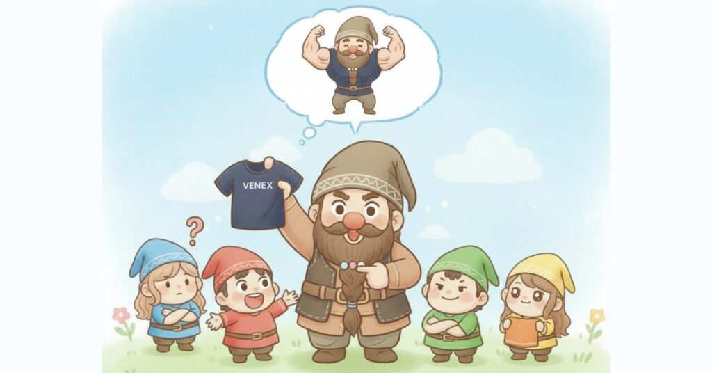 ベネクスのシャツを掲げるドワーフが、着たら筋肉ムキムキになると妄想しているコミカルな場面。赤・青・緑・黄色の小人たちがまわりで反応しているイラストで、ベネクス選びを楽しく表現している。