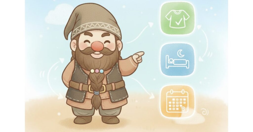 ドワーフが微笑みながら3つのアイコン（ゆるめの服のチェックマーク・寝る前に着るベッドのマーク・継続を示すカレンダー）を指し示し、リカバリーウェアの効果を感じやすくする着方と続け方のコツを表しているイラスト。