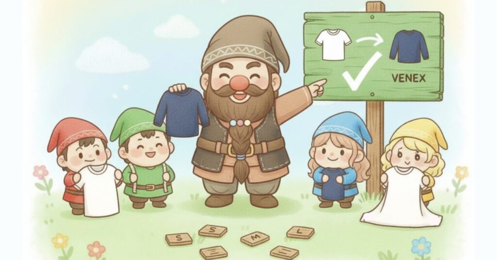 ドワーフがVENEXのシャツを掲げ、4色の小人たちがユニクロとVENEXの服を見比べる中、サイズ選びの結論を示す看板を指し示しているイラスト。草原で楽しそうにサイズ早見をまとめる場面。