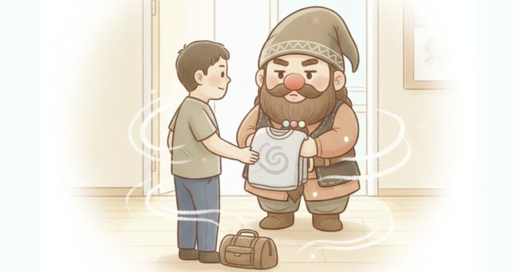 ドワーフが40代男性にリカバリーウェアを手渡し、試してみる一歩を後押ししているイラスト