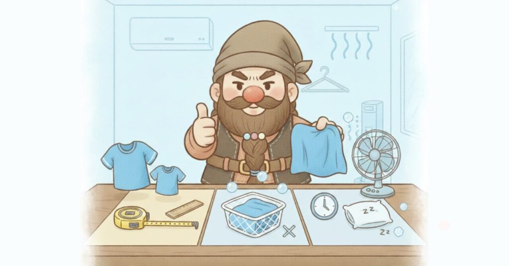 サイズ比較のTシャツとメジャー、洗濯ネット、使い方の時計と枕を並べて、ドワーフが親指を立ててコツを紹介しているイラスト