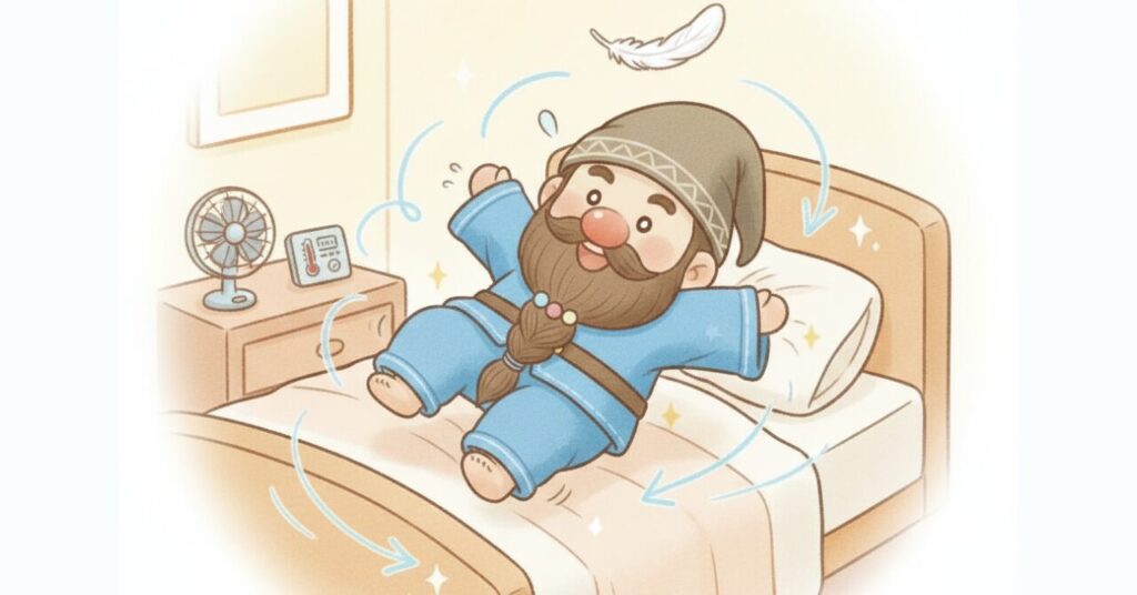 軽くてムレにくいウェアで、ドワーフが寝返りをくるんと打って快適そうに眠っているイラスト