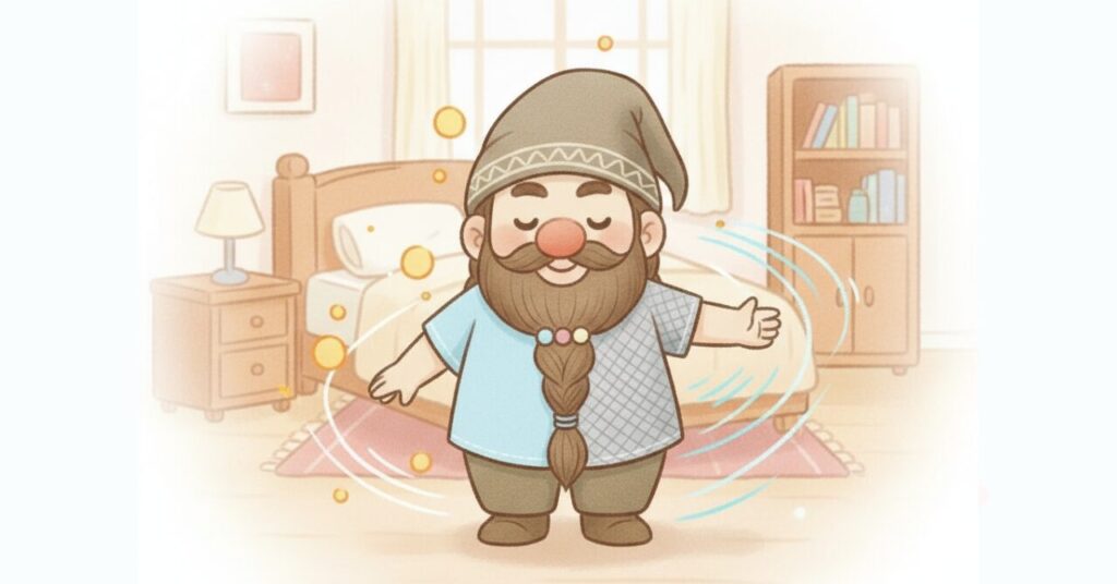 左右で異なる着心地を同時に体験しているドワーフのイラスト。片側はふんわり包まれる感覚、もう片側は風が通るような軽い体感を表している。