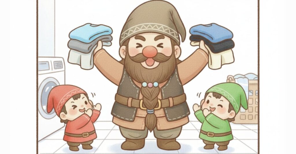 ドワーフが左右の手にリカバリーウェアを掲げ、毎日着るために最適な2〜3枚を示している様子を描いたイラスト。横で赤と緑の小人が喜んでいる。