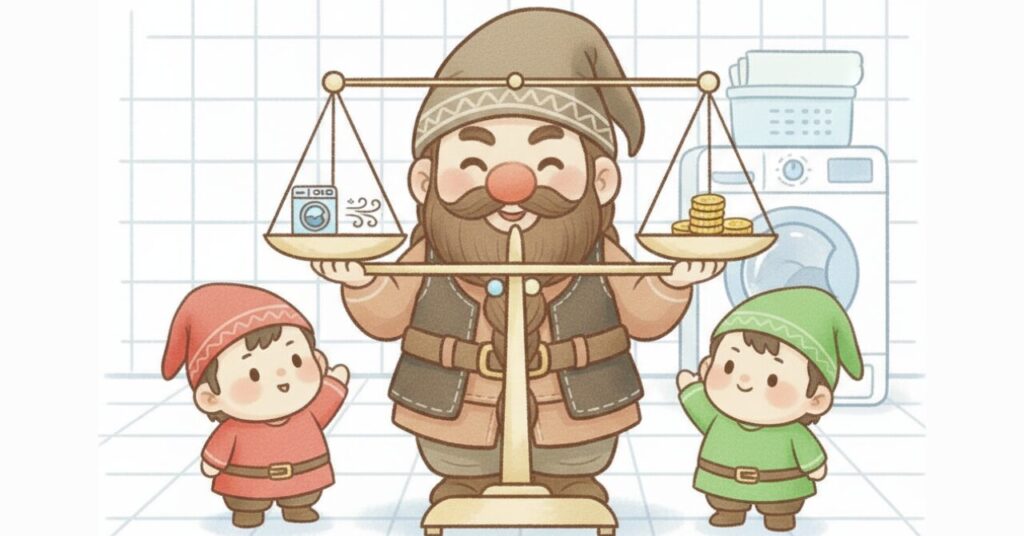 ドワーフが天秤を持ち、片方には洗濯機と風を表すアイコン、もう片方にはコインを乗せて、リカバリーウェアの最適枚数を決める“洗濯頻度・乾きやすさ・おサイフのバランス”を示しているイラスト。横で小人が見守っている。