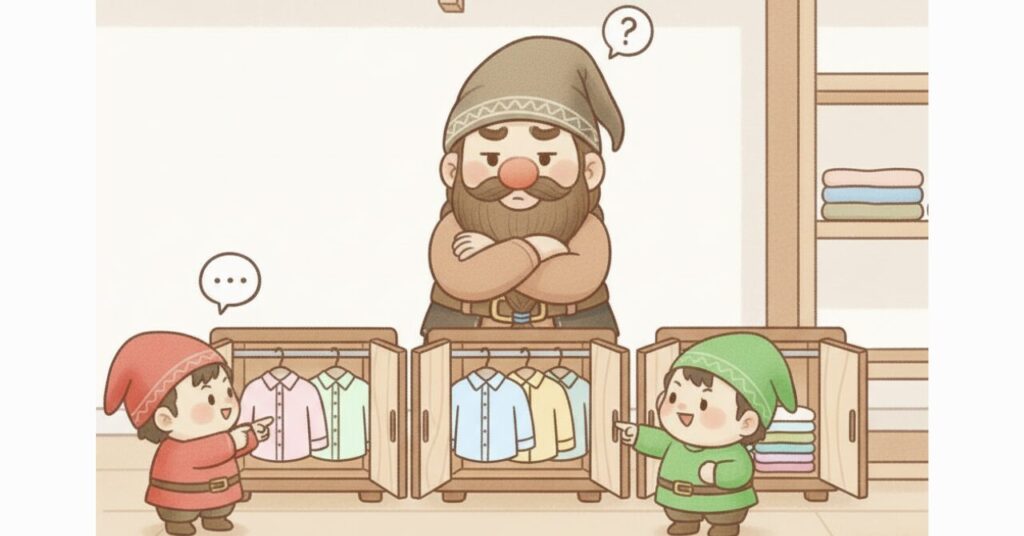 ドワーフが3つのクローゼットの前で、生活スタイルに合ったリカバリーウェアの枚数を選ぼうと悩んでいる様子を、小人たちが左右から提案しているイラスト。収納されている枚数がそれぞれ違い、比較が分かりやすく表現されている。