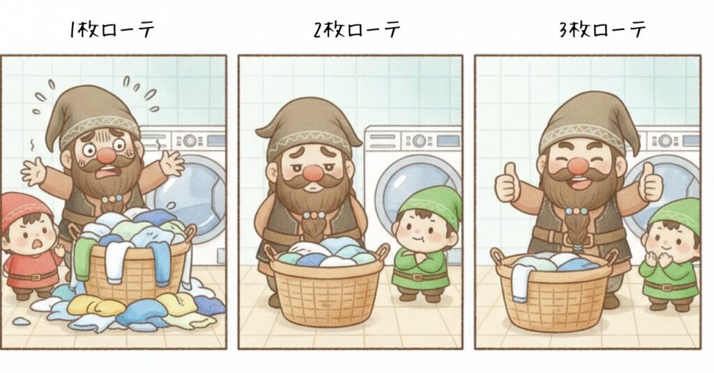1枚・2枚・3枚ローテーションの違いを、洗濯物の量とドワーフの表情で比較したイラスト。1枚ローテはカゴが溢れて大慌て、2枚ローテはやや負担あり、3枚ローテは余裕の笑顔で洗濯が楽になる様子を表現している。