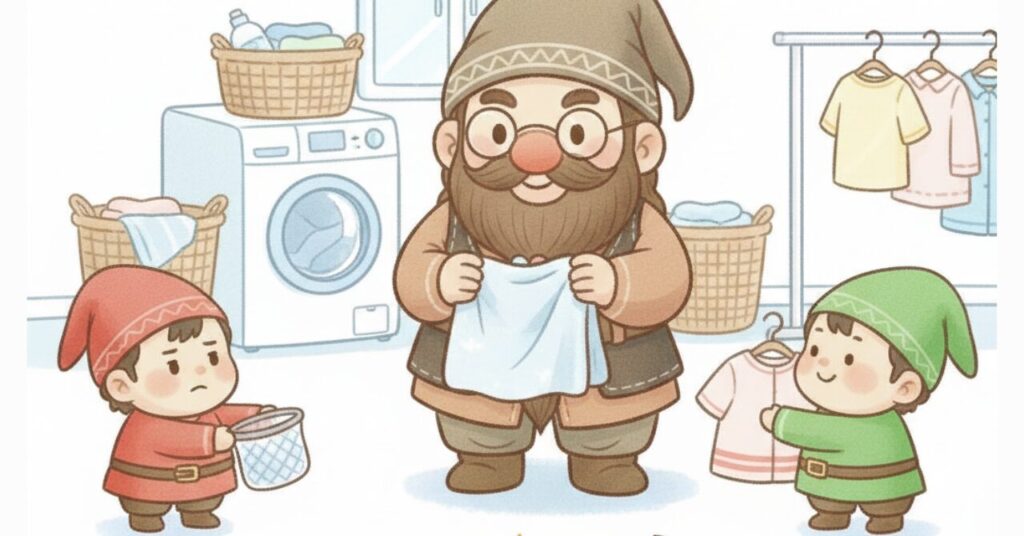 ドワーフがリカバリーウェアをやさしく扱い、小人たちが洗濯ネットや陰干し用のハンガーを準備している様子。毎日着る人が守りたい洗濯の基本ポイントを表現したイラスト。