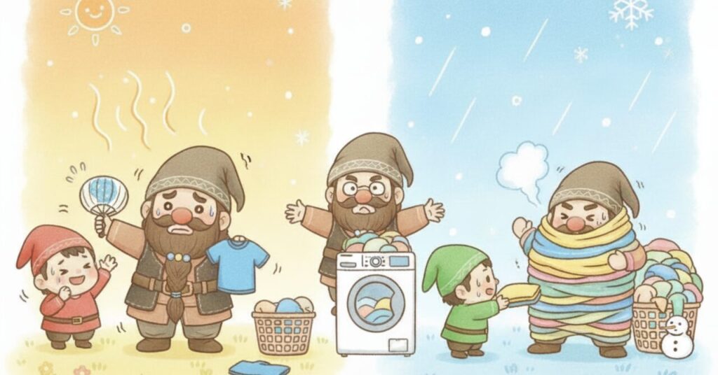 左側で夏の暑さに苦しむドワーフと小人、右側で冬の寒さに備えて何枚も重ね着するドワーフと小人が描かれ、季節によってリカバリーウェアの必要枚数や洗濯ローテーションが変わることをコミカルに表現したイラスト。